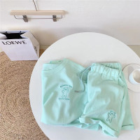 运动套装女夏季2021新款时尚宽松学生刺绣小熊短袖短裤休闲两件套 浅绿 M