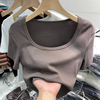 欧货低圆领露锁骨短袖t恤女2021夏季新款短款高腰露脐性感上衣服 灰咖色 M