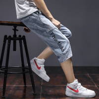 系带牛仔短裤男2021夏季薄款宽松浅色七分裤潮牌百搭休闲7分中裤 蓝色 S