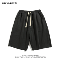BOYUE帛跃夏季纯棉纯色大码休闲短裤沙滩裤抽绳五分运动裤中裤男 黑色 M