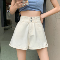 超短裤女夏季开叉牛仔裤2021新款高腰设计感A字外穿阔腿黑色裤子 杏色 S