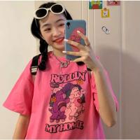 ins超火短袖t恤女夏装鬼马系少女chic潮牌怪味学生宽松半袖上衣服 玫粉色 M