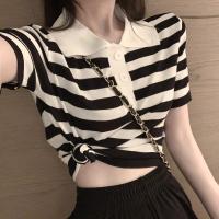 韩风chic上衣女夏季2021年新款设计感小众polo领黑白条纹短袖T恤 黑白条纹 均码