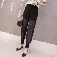 新款防蚊裤女夏薄款大人大码宽松外穿九分休闲女裤灯笼网纱裤子 黑色 S
