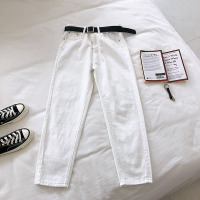 基础款高腰牛仔九分裤女秋2019新款韩版学生百搭显瘦哈伦裤配腰带 白色 S