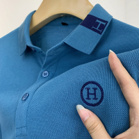 夏季男士短袖珠地棉POLO衫潮流保罗高端靓H刺绣纯棉外贸原单体恤 100棉H天蓝 M码-建议100-120斤