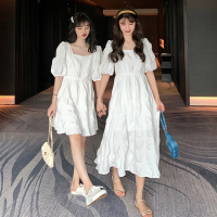 大码夏季2021新款韩版洋气泡泡袖连衣裙女胖妹妹方领收腰显瘦裙子 白色短款 M[建议80-100斤]