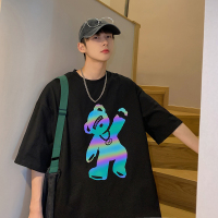 @ 镭射小熊短袖T恤夏季潮流百搭vibe高街风宽松休闲tee 黑色 S