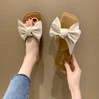 凉拖鞋女外穿夏季仙女风蝴蝶结2021年新款凉鞋百搭软底防滑一字拖 米白色 35