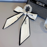 2021年ins网红新款珍珠头绳飘带丝巾发带女夏发圈皮筋绑马尾发饰 (简约英文)珍珠丝巾。多戴法