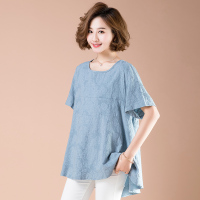 棉麻短袖T恤女夏2020新款文艺范宽松大码遮肚子显瘦亚麻提花上衣 浅蓝色 M[90-100斤]