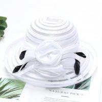 夏季新款卷边遮阳帽子水晶布条花朵网纱帽女士名媛晚宴礼帽沙滩帽 白色 可调节