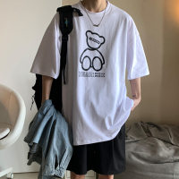 @方少男装 夏季小熊印花短袖男清新日系风半袖青年ins休闲宽松T恤 白色 M