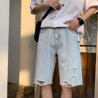 牛仔短裤男夏季港风潮流宽松休闲直筒裤韩版潮牌破洞百搭五分裤子 蓝色 S