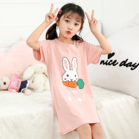 女童纯棉睡裙连衣裙亲子母女薄款宝宝夏季裙子女孩儿童短袖睡衣裙 粉色 兔子吃萝卜 纯棉睡裙X 100码适合80-90厘米2