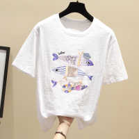 短袖女潮ins夏季新款韩版女装学生宽松白色竹节纯棉T恤刺绣上衣服 300件以上批发价格 3XL