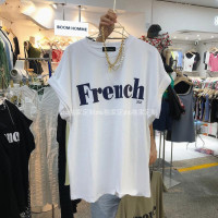 字母印花卷边落肩飞飞袖T恤女夏季新款tee宽松休闲百搭中长款上衣 白色 M