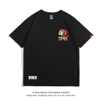 夏季新款潮牌刺绣印第安卡通熊猫男士T恤纯棉圆领短袖青少年半袖 黑色 M