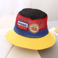 儿童彩虹拼色面包超人渔夫帽男童夏季卡通防晒盆帽女宝宝遮阳帽子 面包超人网布款-黄色 送防风绳2-7岁(49-52cm)