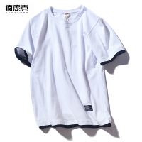 夏季短袖t恤男女宽松情侣装纯棉半袖假两件潮牌潮流体桖衫上衣服 白色 S