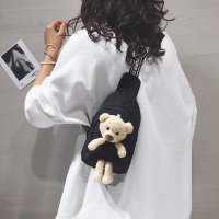 韩国ins古着感软妹少女胸包 百搭单肩小熊腰包学生帆布包女斜挎包 黑色