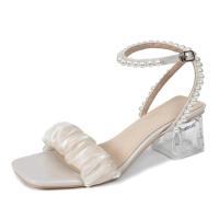 FXSO方巷今年新款凉鞋女夏淑女202年仙女风粗跟透明跟百搭高跟鞋 杏色 34