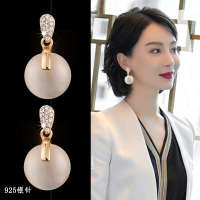 耳环女纯银猫眼石防过敏气质2020年新款潮韩国高级感玉质耳饰耳坠 米白圆形猫眼耳坠