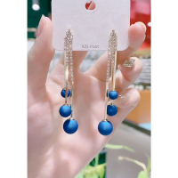蓝色珍珠耳环女气质韩国2020年新款网红百搭长款显脸瘦的流苏耳饰 蓝色珍珠流苏耳环
