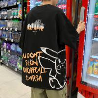 皮卡丘动漫t恤男夏季新款半袖情侣潮牌ins宽松大码炸街短袖 黑色 S 90-115斤