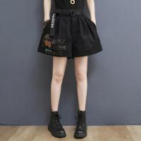 夏季百搭高腰牛仔短裤女宽松大码印花阔腿热裤松紧腰遮肉休闲裤子 图片色（送腰带） M【建议100-120斤】