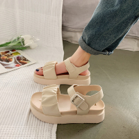 网红松糕厚底凉鞋女夏仙女风2021年新款学生时尚罗马平底鞋ins潮 米色 35