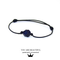 蓝光闪闪 简约蓝砂石编织黑绳手链情侣闺蜜手绳森系手饰生日礼物 蜡绳款 适合14-17cm手腕