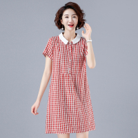 2021夏装新款文艺大码娃娃领格子连衣裙宽松休闲小个子减龄中长裙 红格子 M[90-105斤]