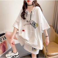 两件套大码女装连帽短袖卫衣短裤子2021夏季新款韩版宽松胖妹衣服 白色 M(适合80-100斤)