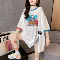 大码女装中长款设计感开叉短袖T恤2021夏季新款拼接时尚洋气半袖 8778白色 M(适合80-100斤)