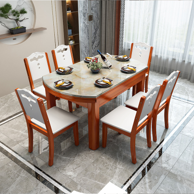 艺可恩实木大理石餐桌椅组合现代简约可伸缩折叠家用小户型吃饭桌子带炉
