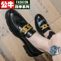 公牛四季男鞋潮牌男鞋真牛皮豆豆皮鞋商务正装休闲皮鞋男士英伦韩版潮圆头厚底内增高婚鞋男青年百搭松糕鞋子