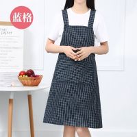 新款围裙2020奶茶店工作服女男时尚韩式棉布厨房家用防水防油围腰 老粗布加厚蓝格