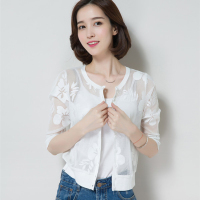 夏季中袖小披肩短款外套女防晒衣薄款网纱蕾丝百搭开衫[S—3XL] 白色 S