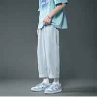 松紧腰牛仔裤男女宽松阔腿直筒潮流学生老爹裤百搭夏季薄款九分裤 浅蓝色 浅蓝色-皮带款 M 建议90斤-127斤