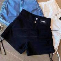 牛仔高腰弹力短裤女夏2021新款港风褶皱侧抽绳热裤A字裤修身显瘦 黑色(港风热裤) (薄料)褶皱侧抽绳 S (80-98