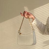 法式复古鳄鱼纹珍珠链条腋下包女2021韩版新款质感百搭单肩斜挎包 白色
