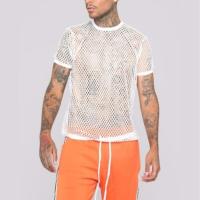 2020夏季新款男士网格圆领套头网衫镂空短袖T恤厂家直销 潮流男装 白色 2XS