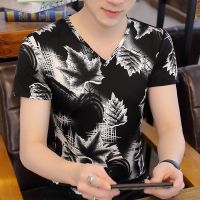 男装2021新款潮短袖t恤男体恤潮流百搭帅气冰丝短袖潮男T恤打底衫 枫叶白 M (建议80-100斤)