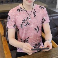 夏季男士印花冰丝短袖T恤薄款透气上衣青年修身个性镂空半袖新款 3067粉色-冰丝 M 建议90-105斤