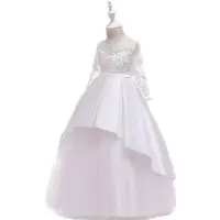 2020年女童礼服公主裙网纱花童婚纱礼服长袖钢琴演出服走秀晚礼服 LP-233白色 120