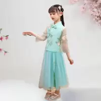 女童中国风汉服夏装超仙公主裙儿童古装连衣裙小女孩唐装洋气裙子 浅绿色 绿宝石水袖 110