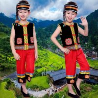 儿童苗族女童演出服装男童壮族少数民族彝族黎族瑶族舞蹈表演服饰 男款如图无袖(带头饰) 110