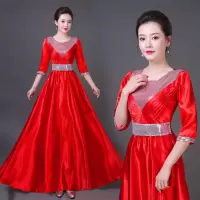 新款女士亮片合唱服长裙合唱团服装舞台大合唱演出服大学生合唱服 红色 S