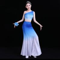 傣族舞蹈服女新款成人修身鱼尾裙儿童民族渐变彩云之南才艺演出服 蓝变白斜肩带钻款 S
